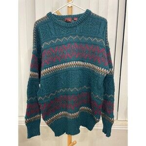 Nordstrom Green Red Fair Isle 100% Wool Sweater Crew Neck Made in UK Men Medium